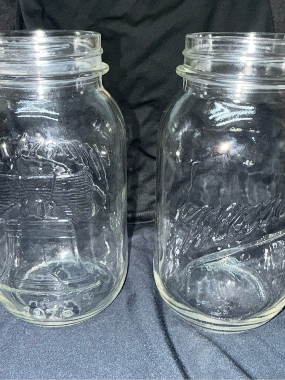 Vintage 1976 Bicentennial Mason Jars Liberty Bell & Minuteman Clear Glass Pair